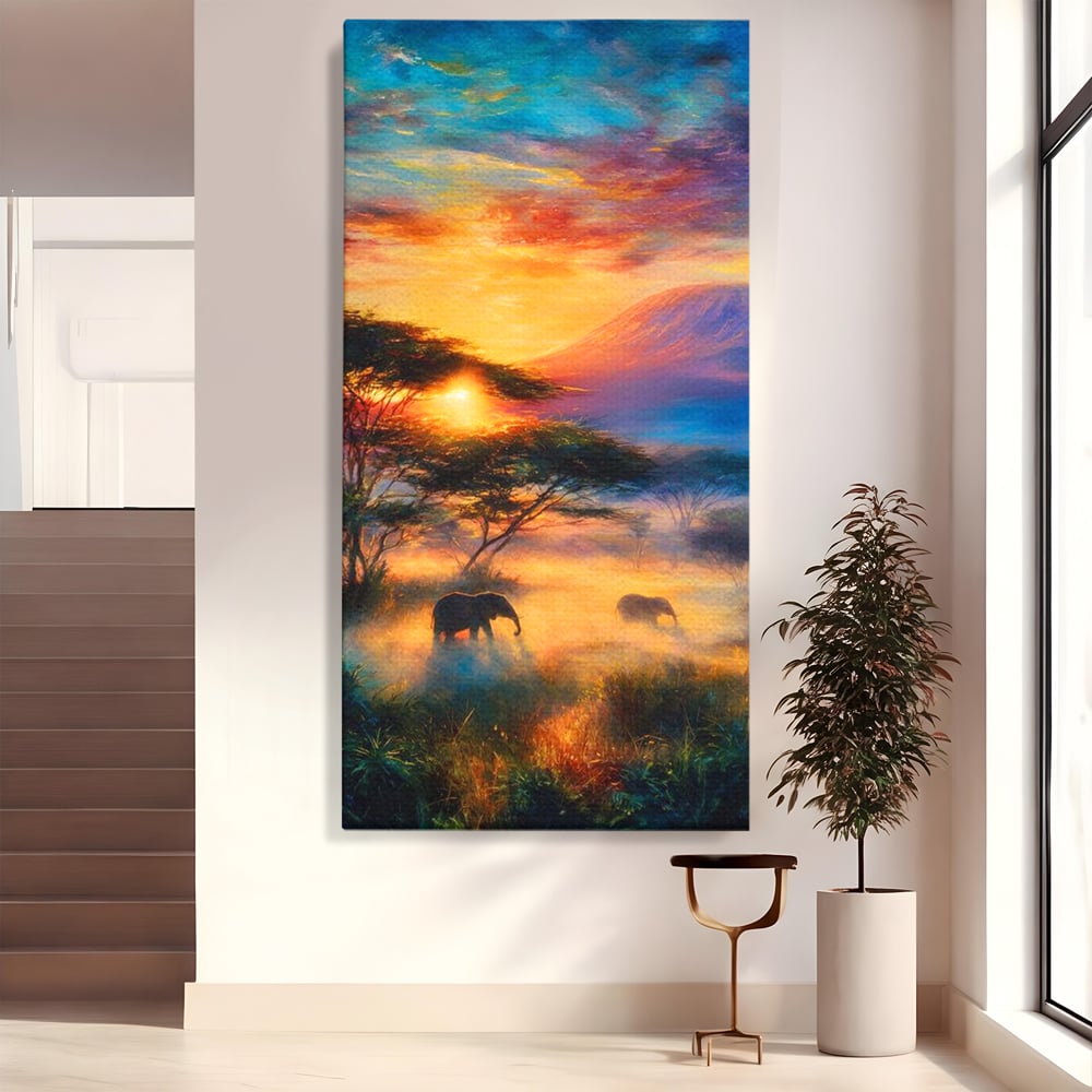 Tablou canvas cu tablou canvas cu elefanti la apus, fara rama, pe sasiu de lemn